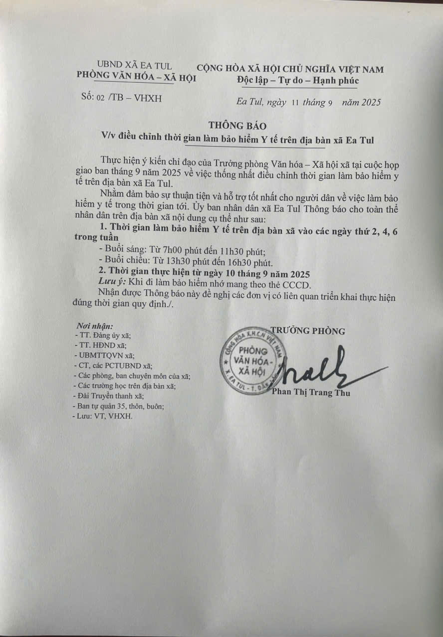 Thông báo thời gian làm bảo hiểm Y tế trên địa bàn xã Ea Tul